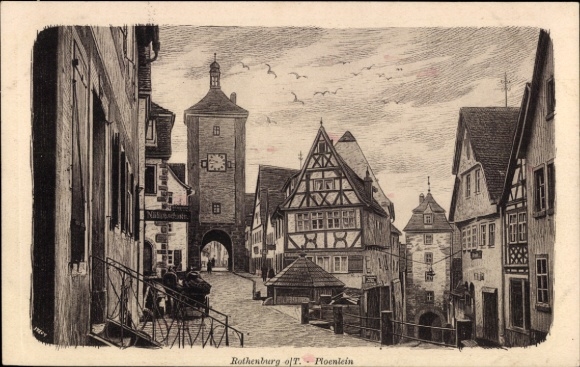 Rothenburg ob der Tauber Middle Franconia, town view, half-tibered houses, clock tower, Ploenlein