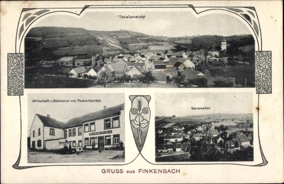 Jugendstil Ak Finkenbach Gersweiler Rheinland Pfalz, Wirtschaft und Bäckerei, Totale