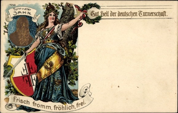Embossed Chromo-Litho Turnvater Jahn, Gut Heil of the German Gymnastics Association, Fresh fromm merrily freely