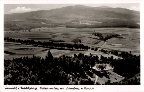 Postcard Wunsiedel in the Fichtelgebirge Upper Franconia, aerial photograph Katharinenberg, Luisenburg, Kösseine