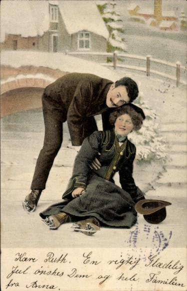 Postcard couple with ice skates, fallen down