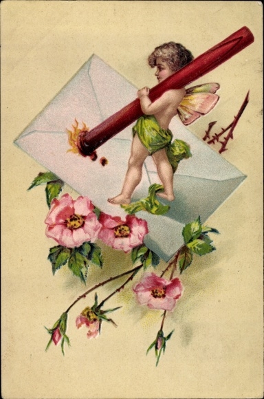 Präge Ak Engel mit Siegelwachs, Briefumschlag, Rosen