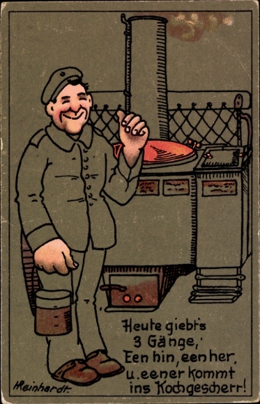 Künstler Ak Reinhardt, Soldat in der Küche, Heute gibt es 3 Gänge