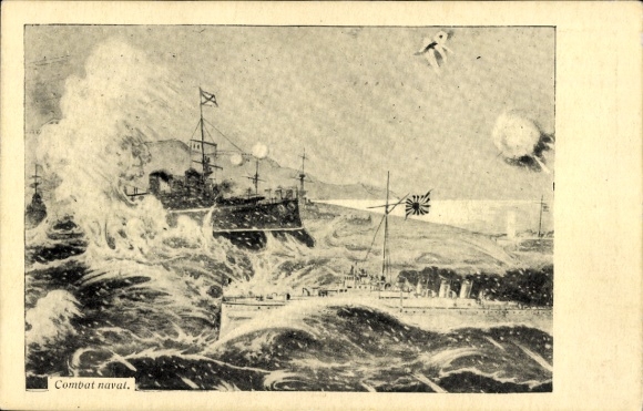 Postcard Russian Japanese War, battleships in combat, battle scene