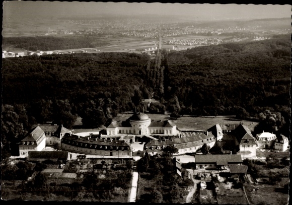 Postcard Stuttgart, Solitude Palace, aerial photograph of Solitude Palace, forest, fields, architecture
