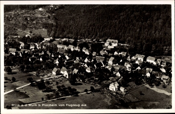 Postcard Würm Pforzheim in the Black Forest, aerial view of Würm, view of houses, forest in the background