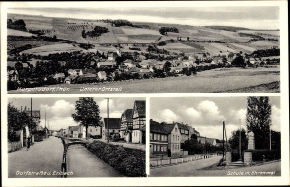 Postcard Harpersdorf Kraftsdorf in Thuringia, lower district, village street, Erlbach, school, memorial