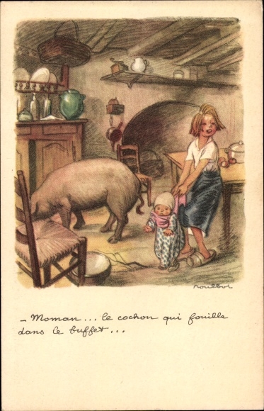 Artist PC Poulbot, Francisque, Ligue Nationale contre le Taudis, kinderen en varken in een keuken