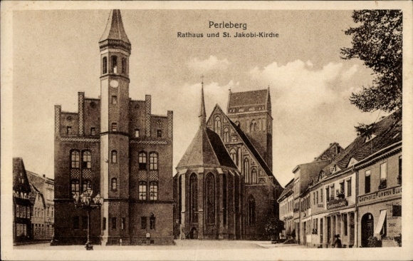 Postcard Perleberg in der Prignitz, town hall, St. Jakobi Church, architecture, city view