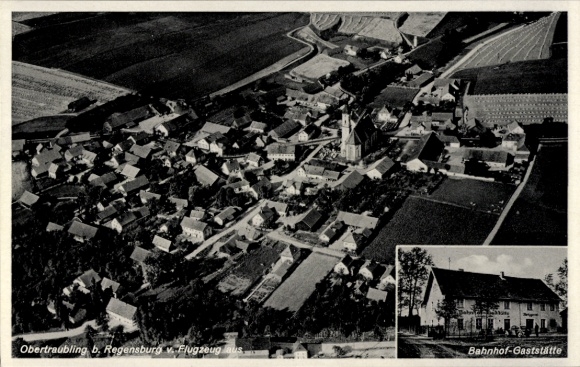 Postcard Obertraubling in the Upper Palatinate, aerial photograph, station restaurant