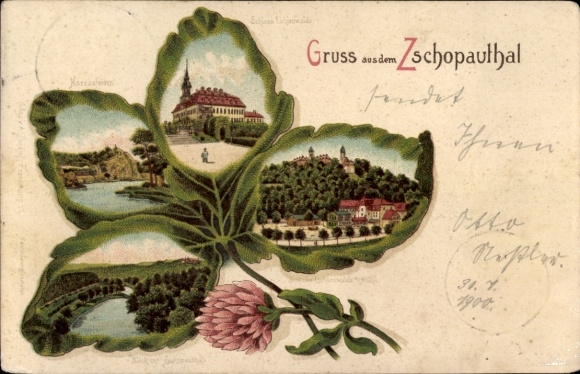 Kleeblatt Litho Braunsdorf Niederwiesa Sachsen, Harrasfelsen im Zschopautal, Schloss Lichtenwalde