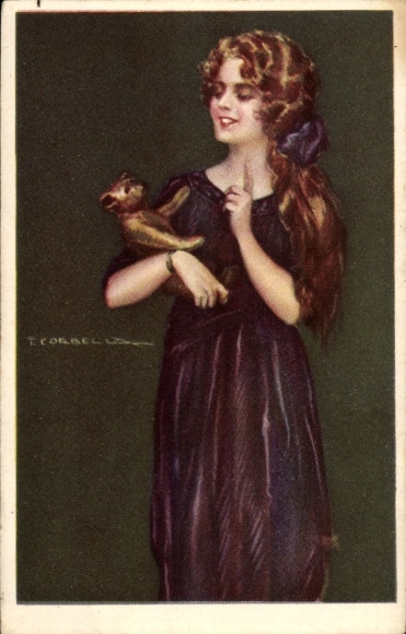 Artist Postcard Corbella, T., Young woman with a teddy bear