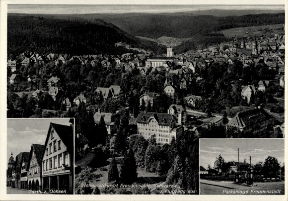 KP Freudenstadt w Schwarzwaldzie, widok z lotu ptaka na Gasthof zum Ochsen, park, Schwarzwald
