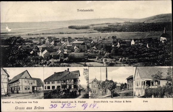 Postcard Brünn district of Hildburghausen in Thuringia, post office, wire factory, wood carving E. Fischer, inn