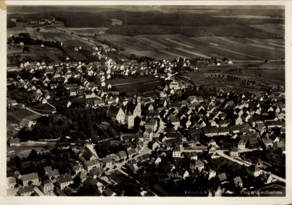 Postcard Krumbach in Swabia, Krumbad, aerial photograph, city view, many houses, rural surroundings