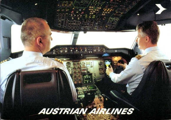 Postcard passenger aircraft, Austrian Airlines, cockpit Airbus A 310-324, pilots