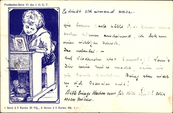 Artist Postcard Hedler, child learning, desk, book, Nobody drinks their way wisely