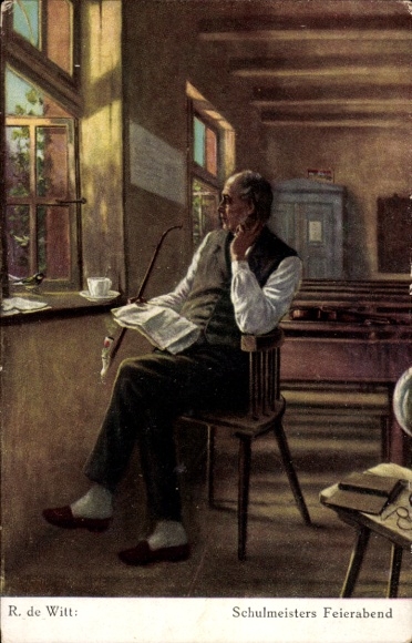 Artist Postcard de Witt, R., Schoolmaster's evening, teacher with pipe at the window