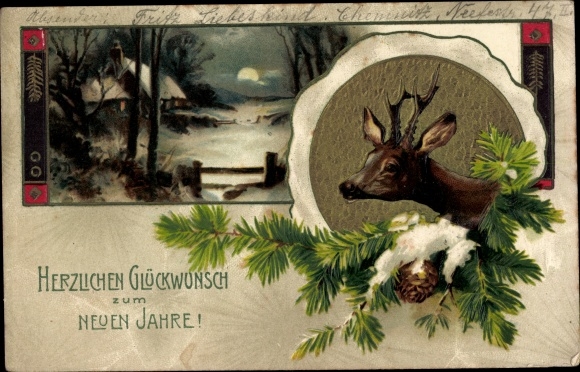 Wytłoczony KP Szczęśliwego Nowego Roku, jelenie, gałęzie jodły, dom, księżyc