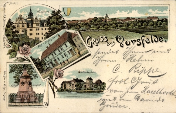 Litho Vorsfelde Wolfsburg in Niedersachsen, Domäne Neuhaus, Kriegerdenkmal, Wolfsburg, Nacke's Hotel