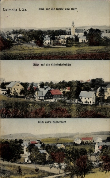 Ak Colmnitz Klingenberg im Osterzgebirge, Kirche, Dorf, Eisenbahnbrücke, Niederdorf