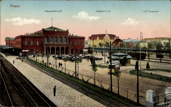 Ak Poznań Posen, Hauptbahnhof, Gleisseite, St. Lazarus, Postamt