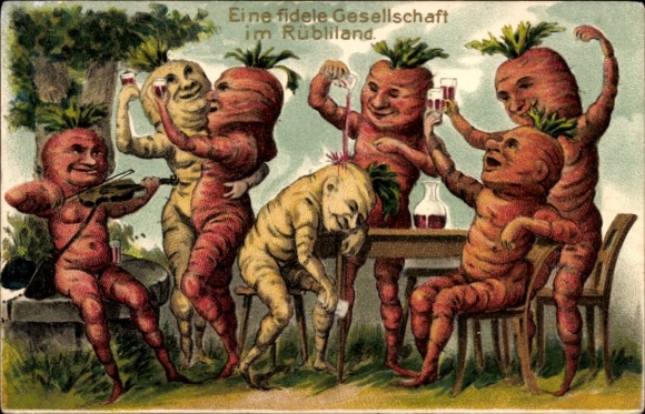 Embossed Postcard A cheerful society in Rübliland, humanized turnips