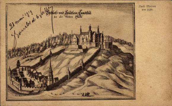 Ak Landstuhl in der Pfalz, Historische Ansicht des Schlosses und der Stadt  Jahr 1620