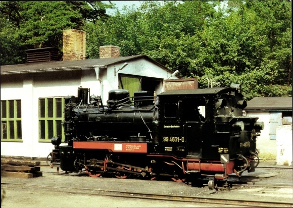 Stoomlocomotief Ak, smalspoorlocomotief BR 99 4631, station Göhren op het eiland Rügen in 1980