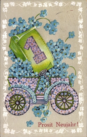 Embossed Postcard Congratulations New Year, Calendar, Automobile, Forget-me-not