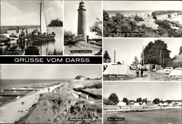 Postcard Darß, steep bank Ahrenshoop, Prerow, harbor, lighthouse, Wieck campground, Born campground