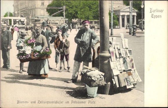 Postcard Berlin Tiergarten, flower and newspaper sellers at Potsdamer Platz
