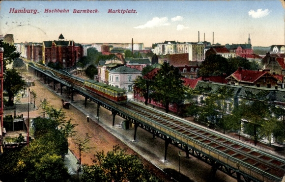 Postcard Hamburg Nord Barmbek, market square, elevated railway
