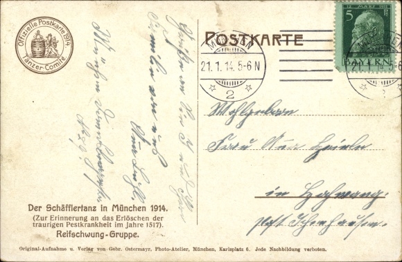Ansichtkaart München Beieren, Schäfflertanz 1914, bandzwaaigroep