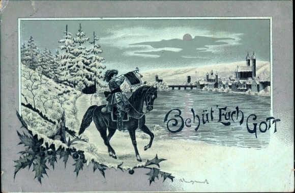 Moonlight Chromo-Litho Trumpeter von Säckingen, God protect you, winter landscape