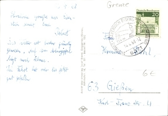Postcard Bayerisch Eisenstein in the Bavarian Forest of Lower Bavaria, Czechoslovakia-Bavaria border