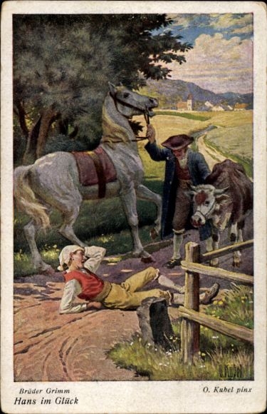 Künstler Ak Kubel, Otto, Märchen, Brüder Grimm, Hans im Glück, Pferd, Kuh