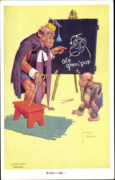 Artist Postcard Lawson Wood, anthropomorphized monkeys, grandfather, panel