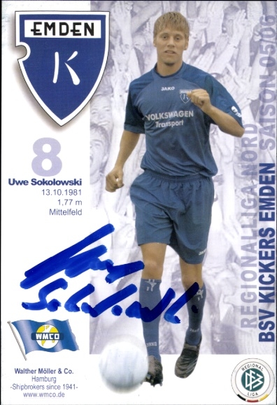 Karta z autografem piłkarza Uwe Sokolowskiego, BSV Kickers Emden, autograf
