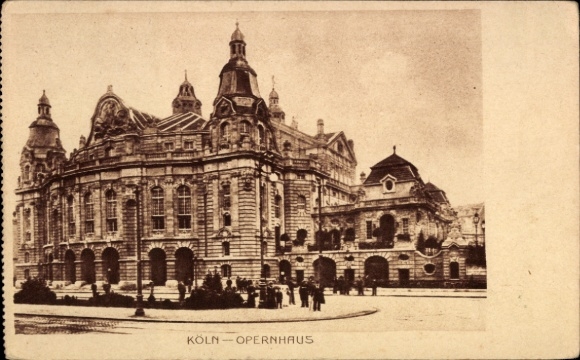 Postcard Cologne on the Rhine, Cologne Opera House, architecture, people on the street