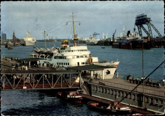 Postcard Hamburg, seaside resort ship Bunte Kuh at the St. Pauli landing stage