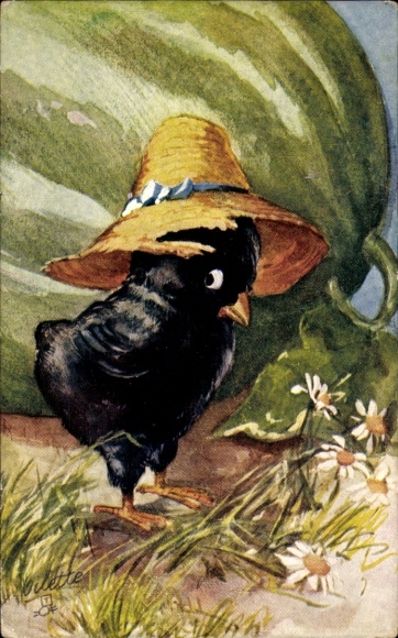 Postcard Black Chick with Straw Hat