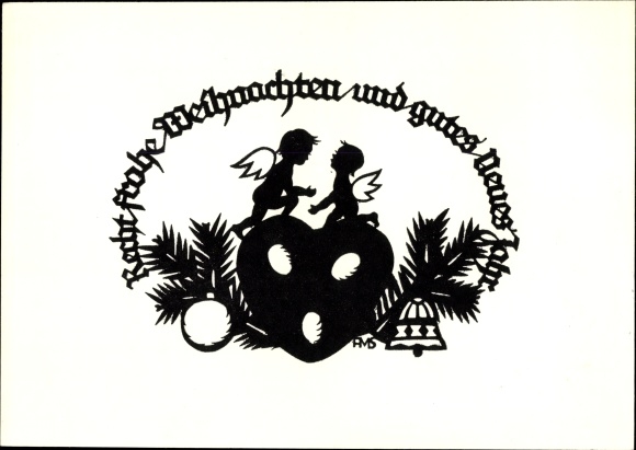Paper cut artist Postcard Schwindt, AM, congratulations Christmas, New Year, angel, fir tree