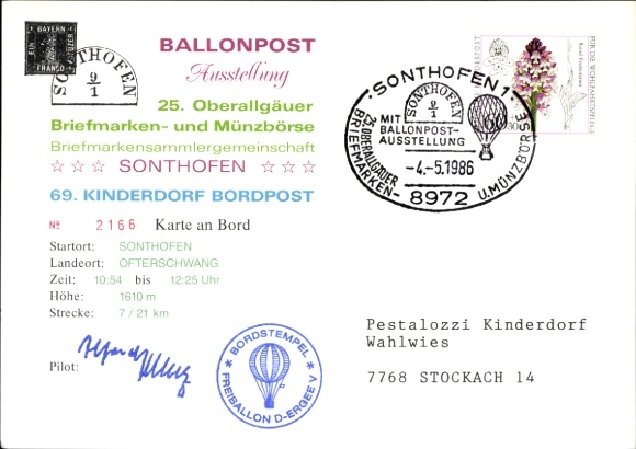 Postcard Sonthofen in Oberallgäu Swabia, hot air balloon over the mountains, balloon post