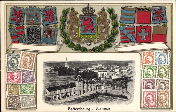 Embossed Coat of Arms Stamps Postcard Bettembourg Luxembourg, View Totals