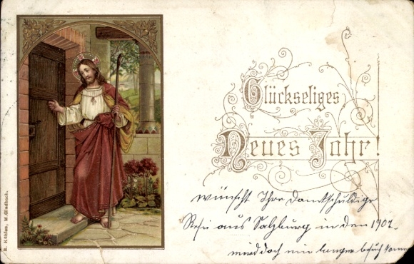Chromo-Litho Happy New Year, Jesus at the door
