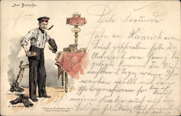 Künstler Ak Becker, C., Der Bursche, Deutscher Soldat beim Stiefelputzen