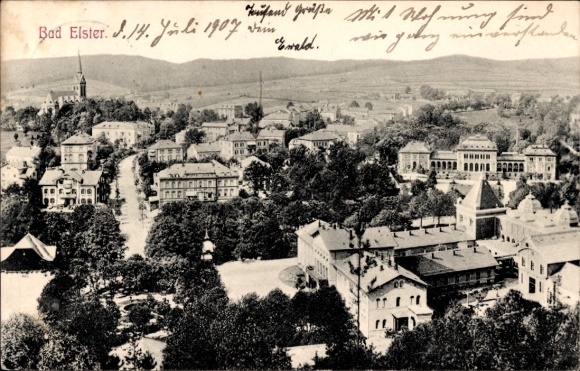 Postcard Bad Elster in Vogtland, aerial view of numerous buildings, trees, the landscape