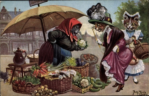 Artist PC Thiele, Arthur, humanized cats, mistress with maid at the market stall