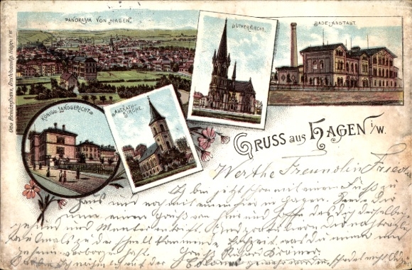 Litho Hagen Westfalen, Panorama, Badeanstalt, Kirche, Lutherkirche, Landgericht